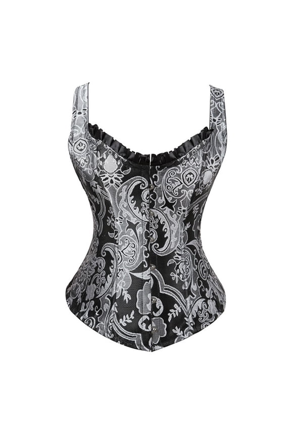 Womens Victorian Costume Style Wide Strap Gothic Floral Pattern Ruffle Trim Front Closure Corset Vest Top