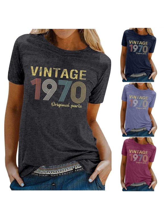 Womens Vintage 1970 T Shirts Letter Graphic V Neck Casual Short Sleeve Loose Fit Tops Trendy Fashion Tee Pullover Daily Wear