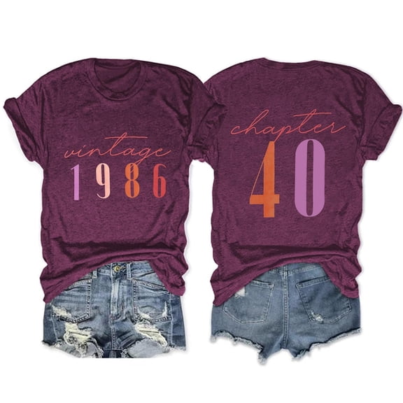 Trendfront Womens Vintage 1986 Graphic T Shirt Crewneck Short Sleeve Chapter 40 Front Back Two Sided Retro Birthday Letter Print Casual Tee Tops