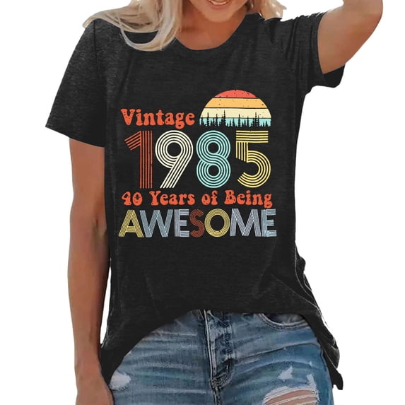 Trendfront Womens Vintage Birthday T Shirt Year Number Graphic Crewneck Short Sleeves Casual Celebration Tee Top