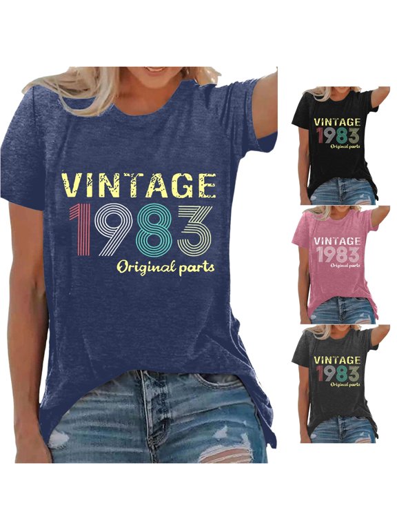 Womens Vintage Print Graphic Tee Short Sleeve Fashion Crewneck T-Shirts Summer Casual Retro Style Blouses Daily Style Clothing