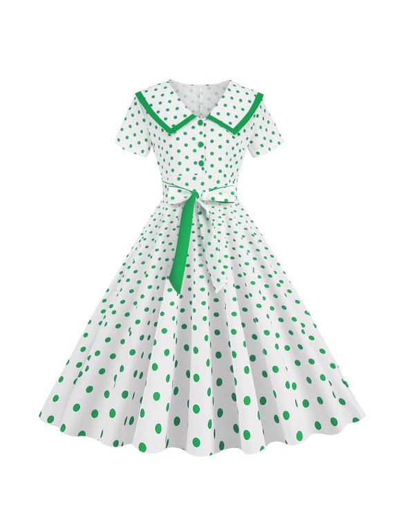 Womens Vintage Small Polka Dot Midi Dress Sailor Collar Short Sleeve Decorative Buttons Tie Waist Full Skirt Dress