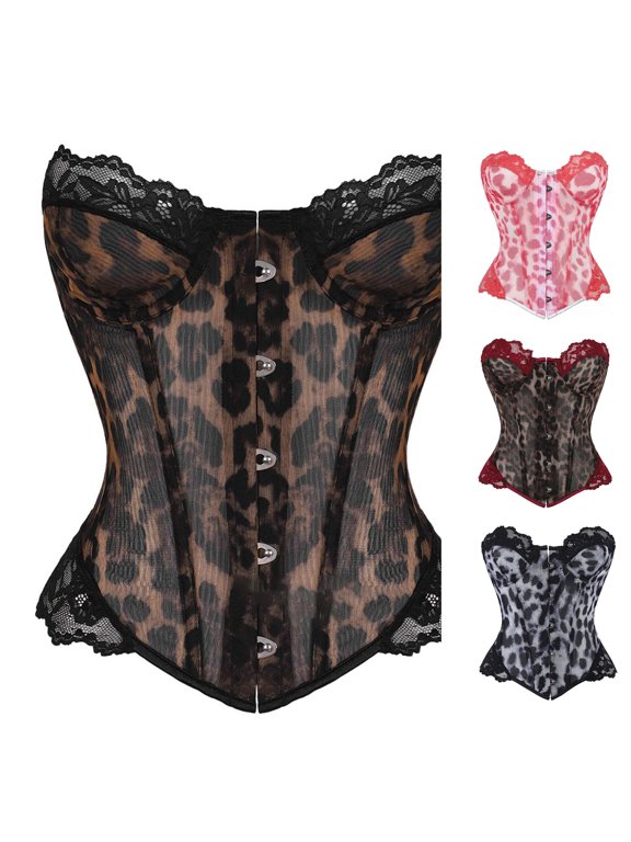 Womens Vintage Style Shapewear Corset Bustier Leopard Print Lace Detail Waist Cincher Front Closure Party Outfit