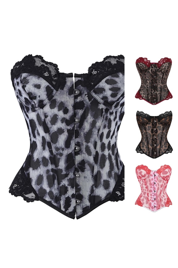 Womens Vintage Style Shapewear Corset Bustier Leopard Print Lace Detail Waist Cincher Front Closure Costume Party Outfit
