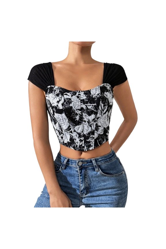 Womens Vintage Style Short Sleeve Bustier Top Floral Pattern Waist Shaping Body Sculpting Shapewear Corset