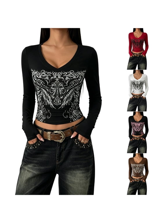Womens Vintage Y2K Butterfly Print Crop Tops Long Sleeve V Neck Gothic Alternative Streetwear Slim Fit Casual Trendy Shirt Tops