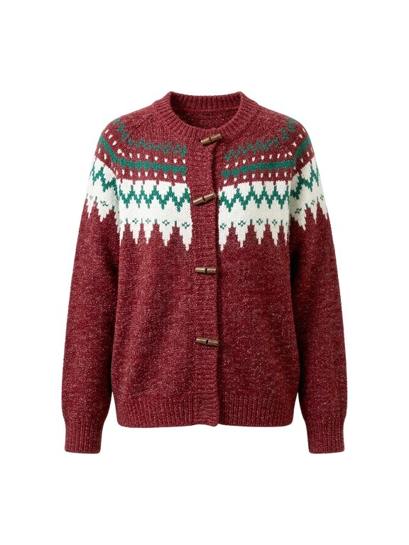 Womens Winter Cardigans Geometric Yoke Pattern Round Neck Sweaters Toggle Front Tops Long Sleeve Layering Style