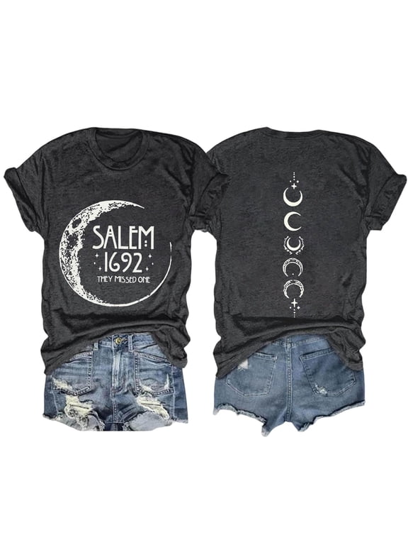 Womens Witchy Salem 1692 Moon Phase Graphic T Shirt Crewneck Short Sleeve Goth Halloween Double Sided Print Casual Tops