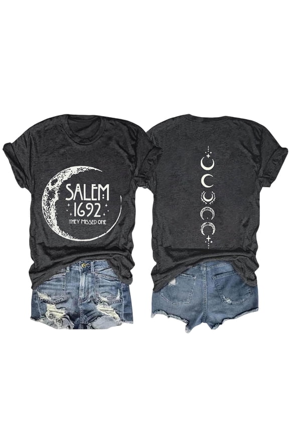 Womens Witchy Salem 1692 Moon Phase Graphic T Shirt Crewneck Short Sleeve Goth Halloween Double Sided Print Casual Tops