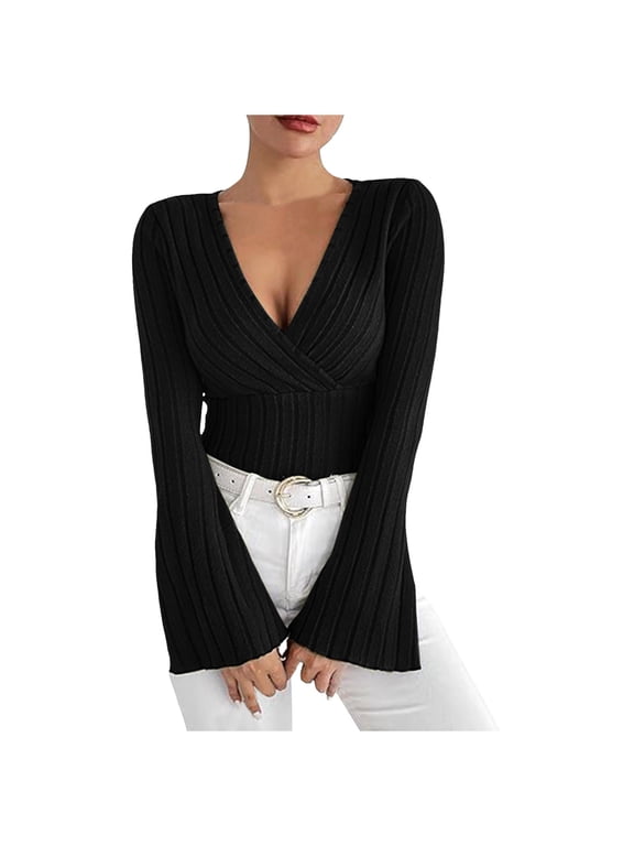Womens Wrap Sweater Tops V Neck Long Bell Sleeve Ribbed Knit Slim Fit Elegant Casual Fall Winter Pullover Cold Weather Sweaters