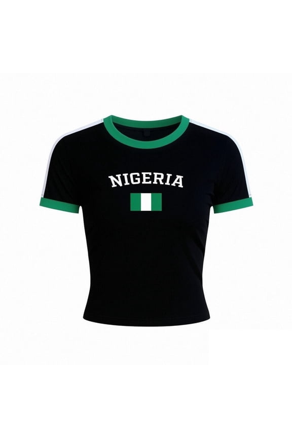 Womens Y2K Crop Top T Shirts Nigeria Letter Graphic Crewneck Short Sleeve Color Block Retro Slim Fit Summer Streetwear Tee Shirt