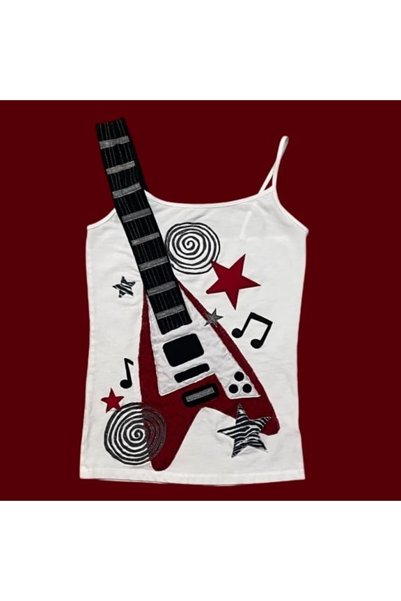 Womens Y2K Punk Rock Band Tee Electric Guitar Graphic Tank Top Spaghetti Strap Asymmetric Cami Tops Slim Fit Music Festival Shirts