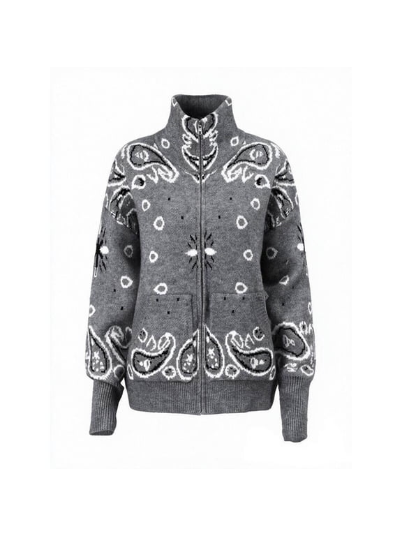 Womens Zip Up Cardigan Paisley Flower Pattern Stand Collar Long Sleeve Sweater Ribbed Cuffs And Hem Casual Jacket