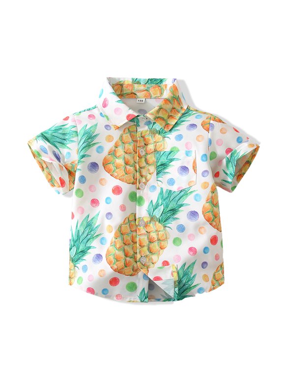 Youth Boys All Over Pineapple Tee Print Hawaiian Tropical Short Sleeve T Shirts Summer Beach Vacation Collared Button Up Casual Tops
