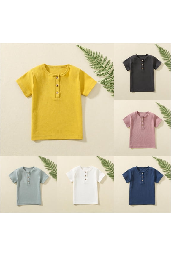 Youth Boys Casual Minimalist Tee Solid Color Button Neckline Short Sleeve T Shirts Basic Everyday Comfort Layering Tops
