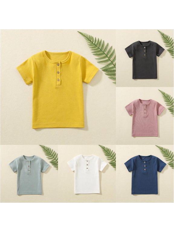 Youth Boys Casual Minimalist Tee Solid Color Button Neckline Short Sleeve T Shirts Basic Everyday Comfort Layering Tops