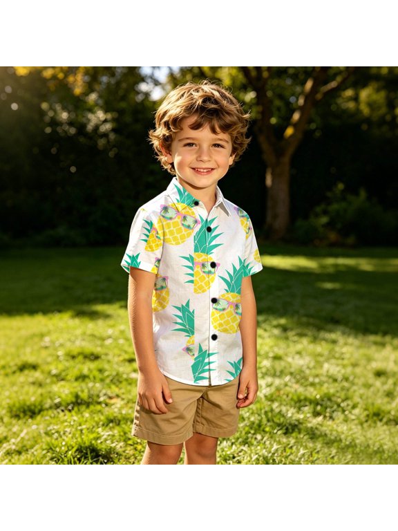 Youth Boys Playful Pineapple Print Tops Hawaiian Style Short Sleeve Button Up Tee Summer Casual Vacation Collared T Shirts