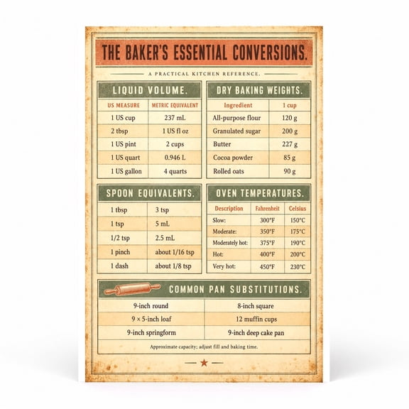 Trendiart Artisanal Baking Conversion Chart Poster, Kitchen Art Print