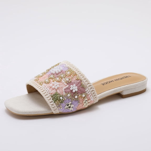 Trendin Mode Womens Square Toe Beaded Slide Sandals Casual Summer Beach Fashion Footwear