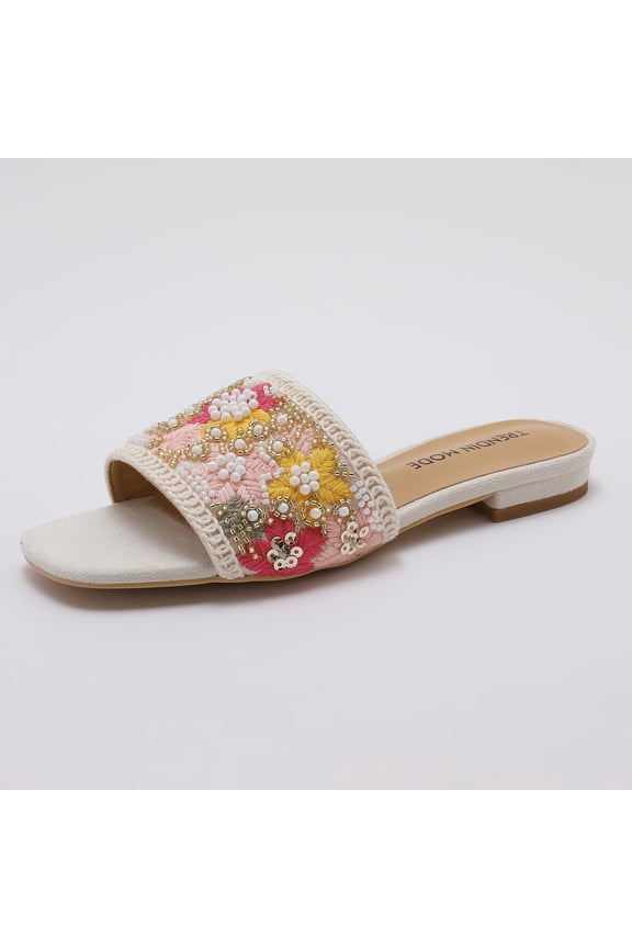Square Toe Slides Women Rhinestone Beaded Flat Sandals Hand Woven Embroidered Slip on Loafers Dressy Beach Shoes