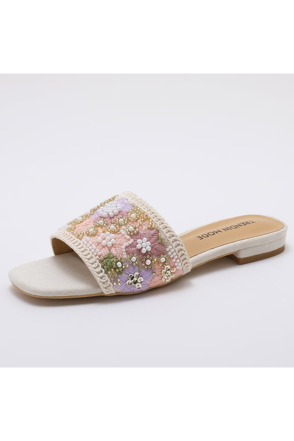 Square Toe Slides Women Rhinestone Beaded Flat Sandals Hand Woven Embroidered Slip on Loafers Dressy Beach Shoes