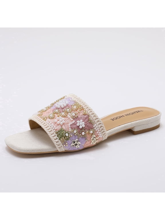 Womens Beaded Square Toe Slide Sandals