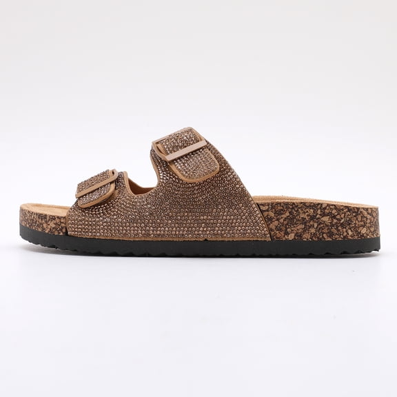 Trendin Mode Women's Double Buckle Rhinestone Slide Sandals Cork Footbed