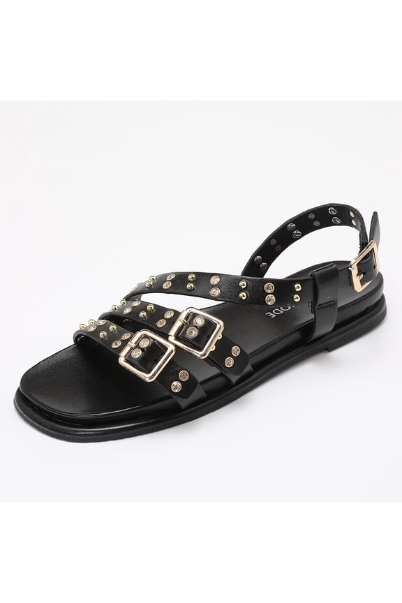 Women's Gladiator Studded Rhinestone Flat Sandals, Adjustable Metal Buckle Summer Casual Shoes