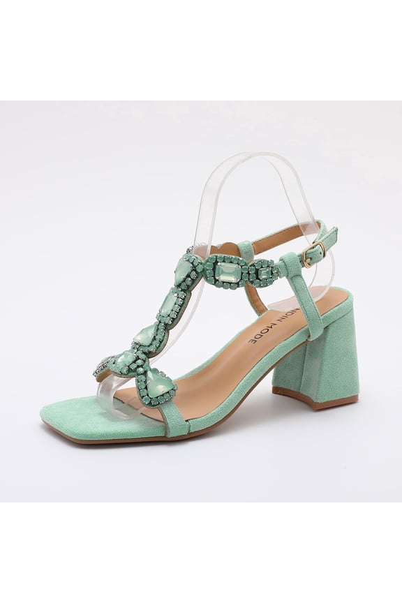 Women's Rhinestone Block Heel Sandals – Square Toe Faux Suede Ankle Strap Dress Heels for Party Wedding Vacation