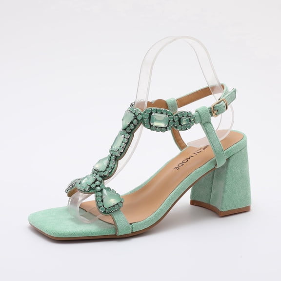 Trendin Mode Women's Rhinestone Block Heel Sandals – Square Toe Faux Suede Ankle Strap Dress Heels for Party Wedding Vacation