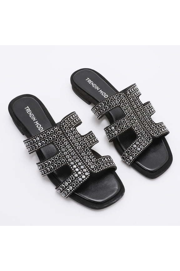 Women's Studded Slide Sandals – Square Toe Faux Suede Flat Slip-On Sandals for Casual Party Vacation Daily Wear