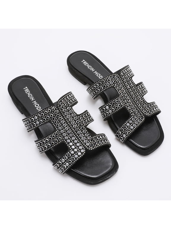Women's Studded Slide Sandals – Square Toe Faux Suede Flat Slip-On Sandals for Casual Party Vacation Daily Wear