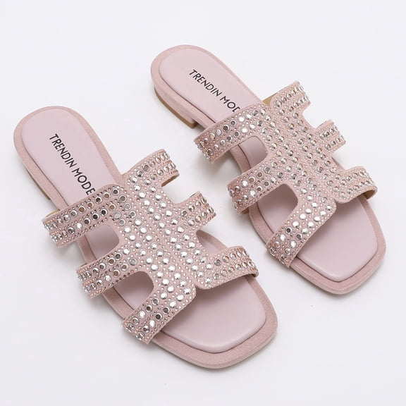 Trendin Mode Women's Studded Slide Sandals – Square Toe Faux Suede Flat Slip-On Sandals for Casual Party Vacation Daily Wear