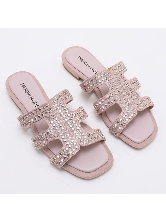 Women's Studded Slide Sandals – Square Toe Faux Suede Flat Slip-On Sandals for Casual Party Vacation Daily Wear