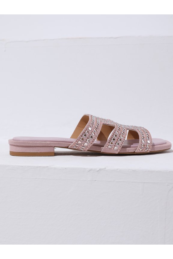 ,Women's Pink Rhinestone Slide Sandals – Square Toe Faux Suede Flat Slip-On Sandals for Casual Party Vacation Daily Wear