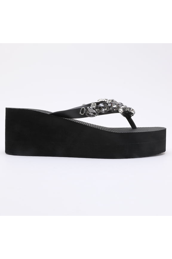 Women's Rhinestone Wedge Flip Flops - High Platform Comfort Thong Sandals with Iridescent Crystals