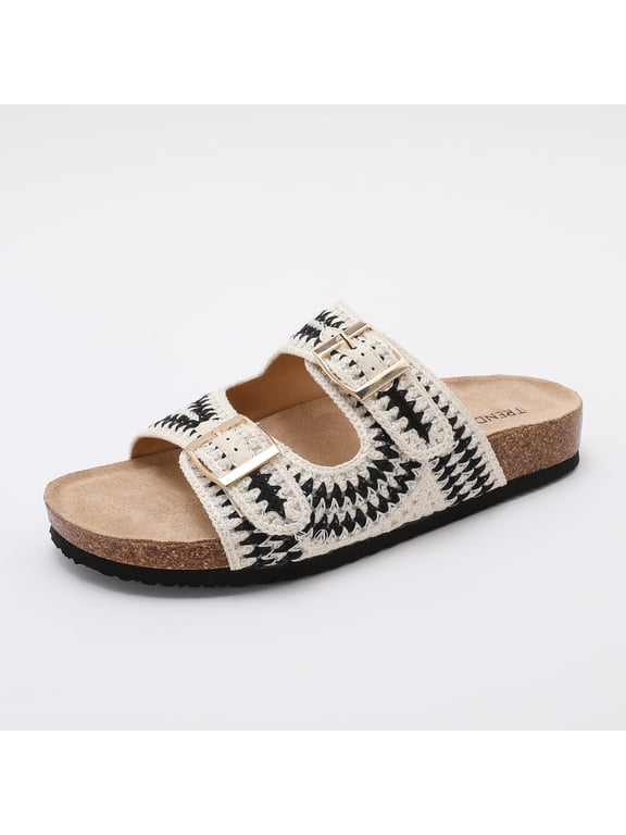 Women's Woven Fabric Double Buckle Slide Sandals, Cork Footbed Boho Summer Shoes