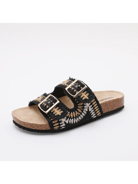Women's Woven Fabric Double Buckle Slide Sandals, Cork Footbed Boho Summer Shoes