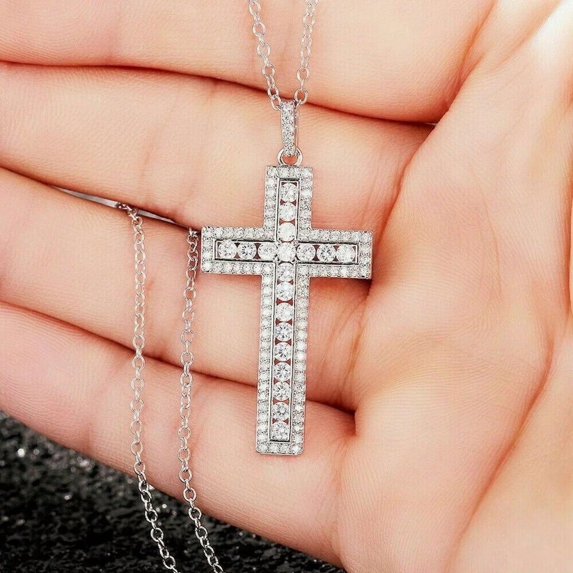 Trending 2Ct Round Cut VVS1/D Diamond Cross Pendant 18" Free Chain 14K White Gold Finish 925 Silver
