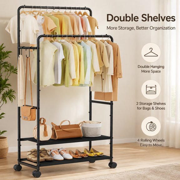 Trending Black Double Rod Clothes Rack with Shelves, Heavy Duty Garment Rack with Wheels, 400 LBS Capacity Rolling Closet Organizer
