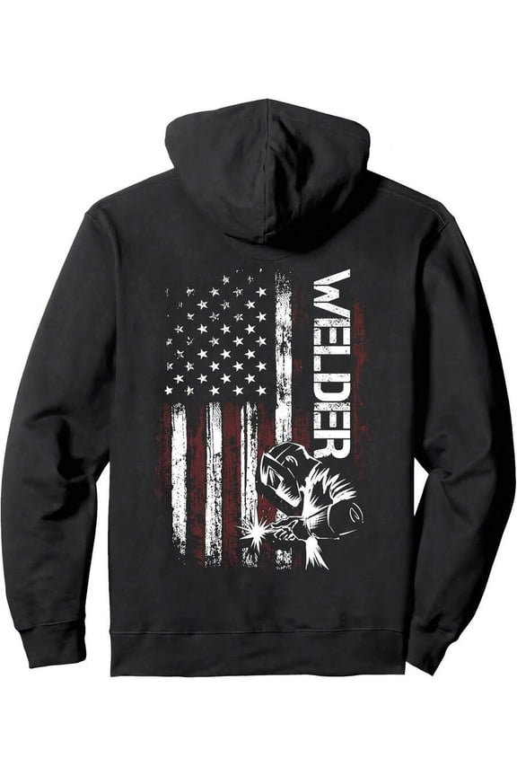 Trending Clothes Men's Sweatshirt 250g 50% Cotton + 50% Polyester - Welder Retro American Flag Welding Back Pullover Sweatshirt