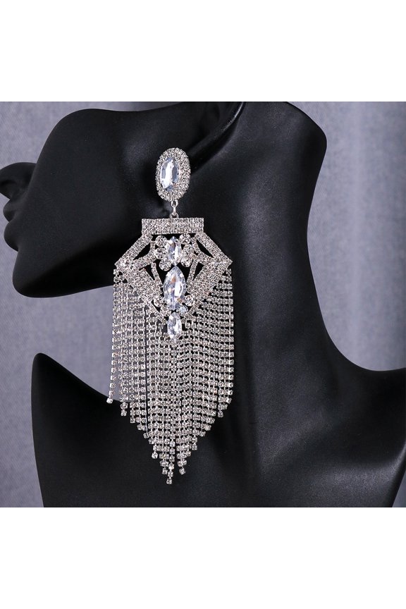 Trending Diamond-Shaped Earrings Dramatic Niche-Style Rhinestone Fringe Earrings Heavy-Duty Stage Runway Jewelry