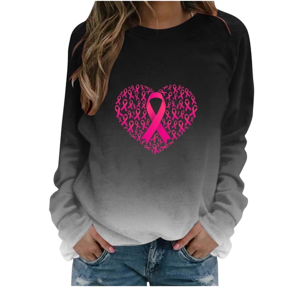 Trending Now! Kilaqueen Breast Cancer Sweatshirts for Women Long Sleeve Going Out Support Cancer Shirt Fall Winter Inspirational Blouse Tees