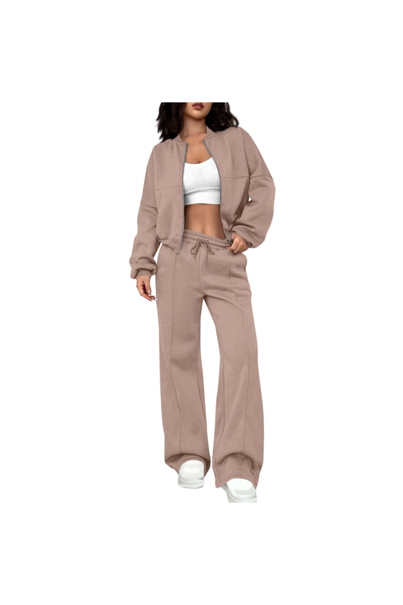 Back to School Fall 2 Piece Sets for Women Solid Color Zippered Cardigan Sweater Casual Straight Leg Pants Set