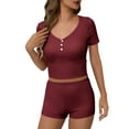 thumbnail image 1 of Trending Saving Back to School Two Piece Shorts Set Going out Women's Fashion Solid Color Round Neck Short Sleeve Elastic Waist with Pocket Pants Set, 1 of 6