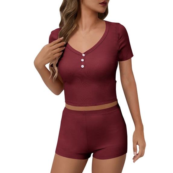 Trending Saving Back to School Two Piece Shorts Set Going out Women's Fashion Solid Color Round Neck Short Sleeve Elastic Waist with Pocket Pants Set