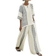 Fall 2 Piece Casual Outfits for Women 2025 Womens Spring Round Neck Printed Top Pocket Long Pants Casual Set