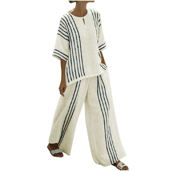 Fall 2 Piece Casual Outfits for Women 2025 Women's Spring Round Neck Printed Top Pocket Long Pants Casual Set