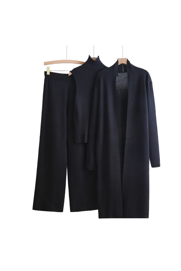 Trending Saving Fall 2 Piece Sets for Women Fall and Winter Long Windbreaker High Neck Inner Sweater Elastic Waist Wide Leg Pants Knitted Three Piece Set
