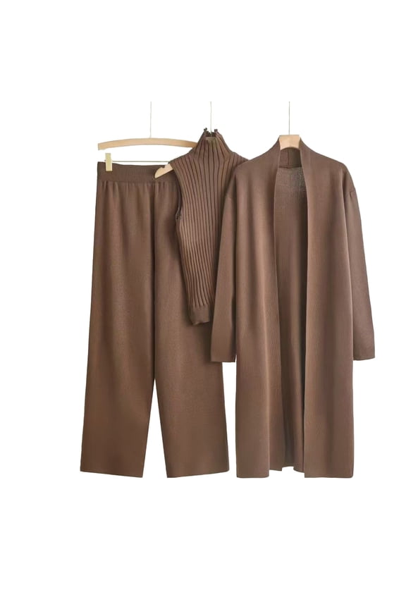 Trending Saving Fall 2 Piece Sets for Women Fall and Winter Long Windbreaker High Neck Inner Sweater Elastic Waist Wide Leg Pants Knitted Three Piece Set